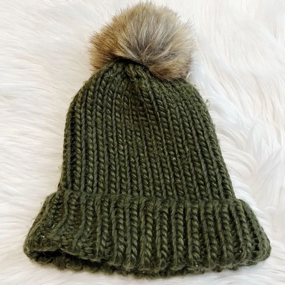 Pom Pom Knit Fold Over Beanie Dark Green One Size